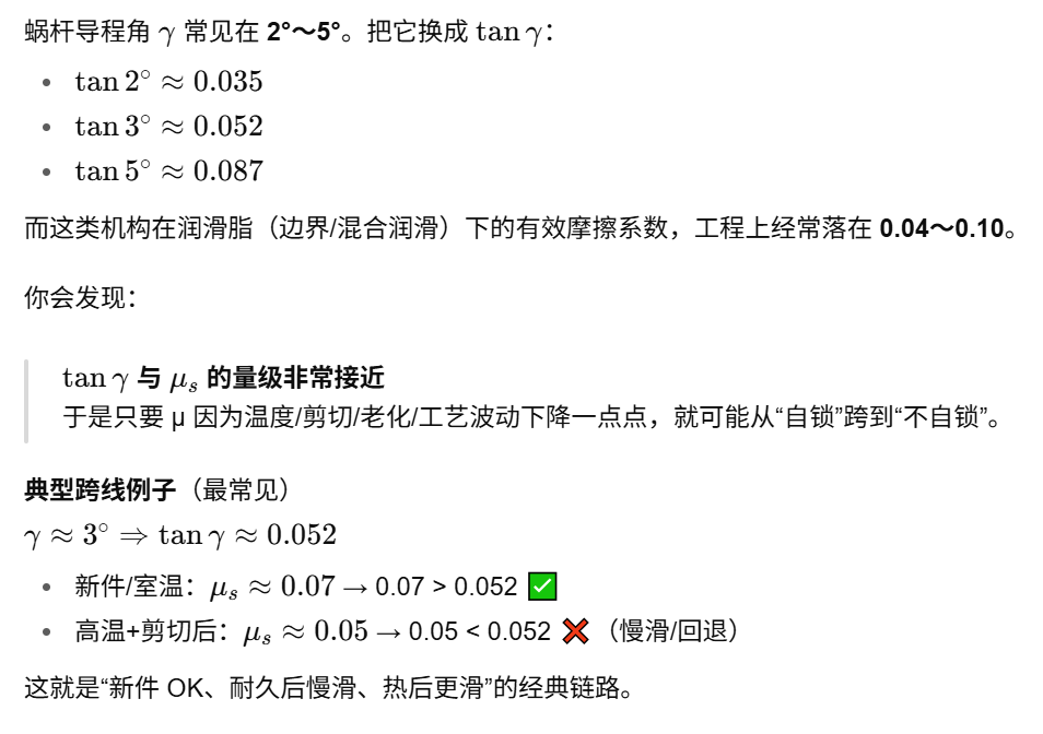 4）为什么 μ 在蜗轮蜗杆自锁里“特别关键”？——因为你们常常在踩线